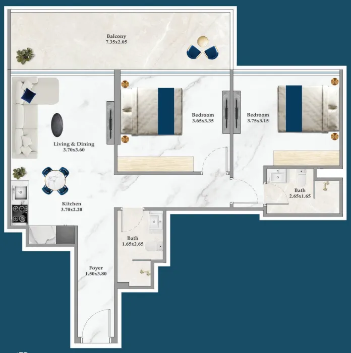 Timez 2 bed floor plan, 832 sqft