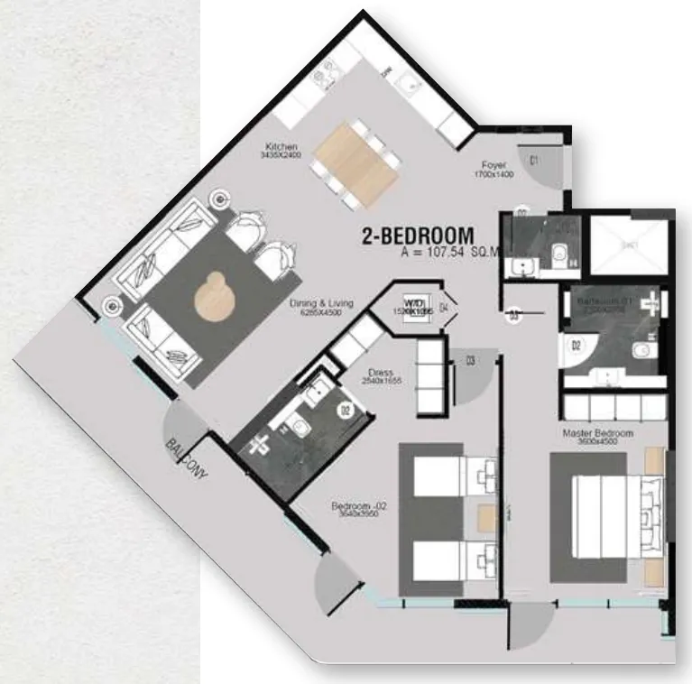 Cresswell Plaza 2 bed floor plan, 1,389 – 1,390 sqft