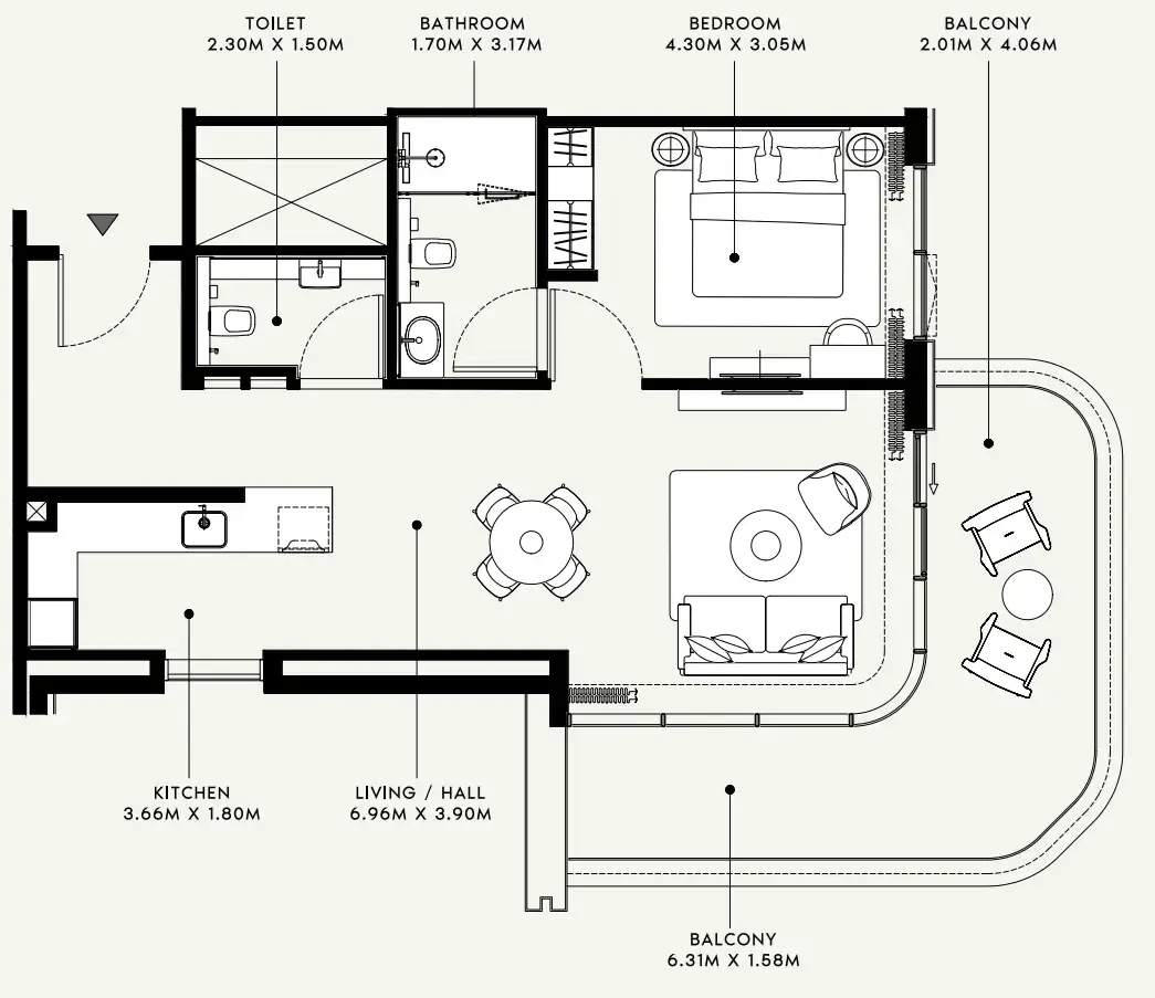 Azizi Venice 1 bed floor plan, 928 sqft