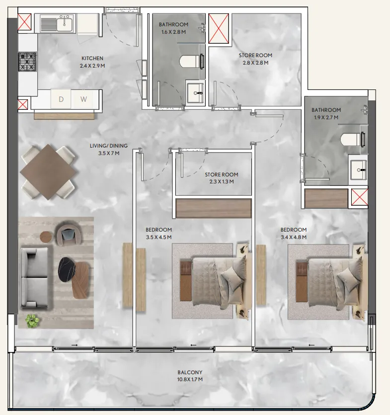 California Residences 2 bed floor plan, 1,280 – 1,351 sqft