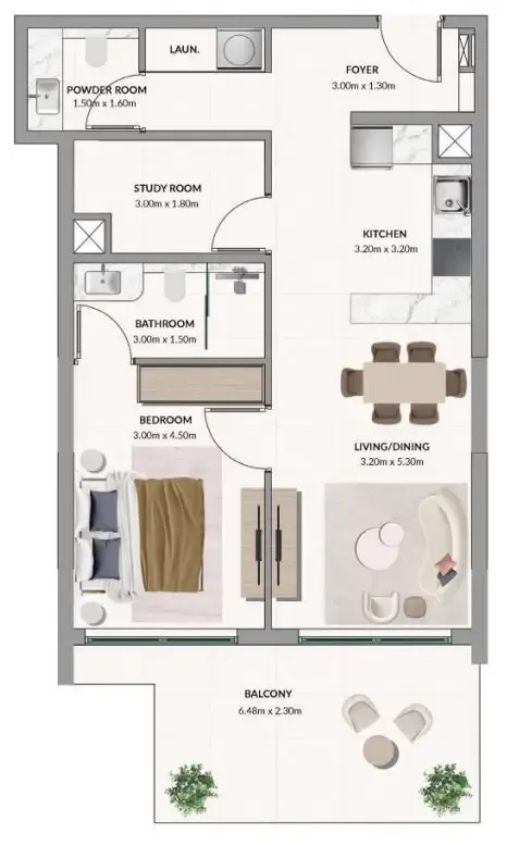Woodland Terraces 1 bed floor plan, 847 sqft