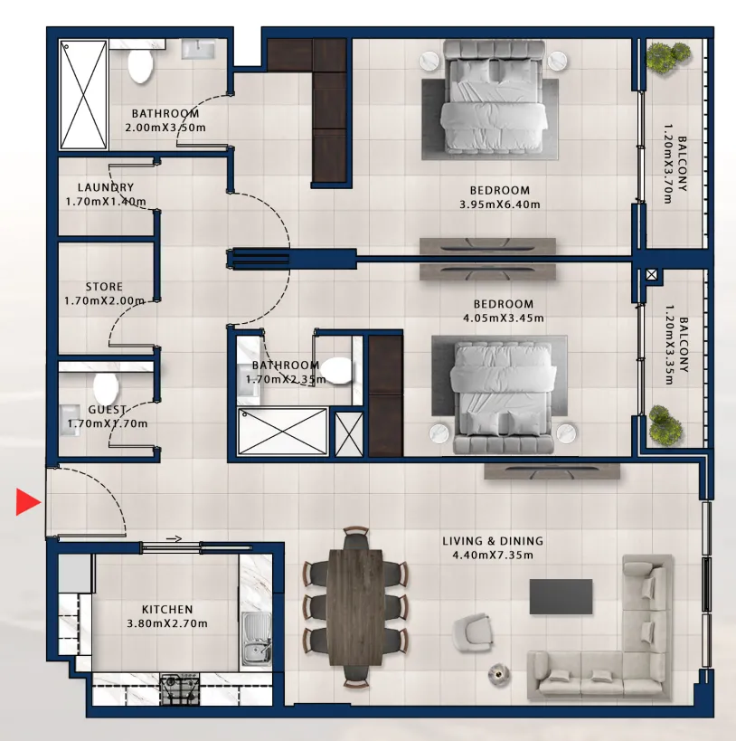 Asayel Avenue 2 bed floor plan, 1,477 sqft