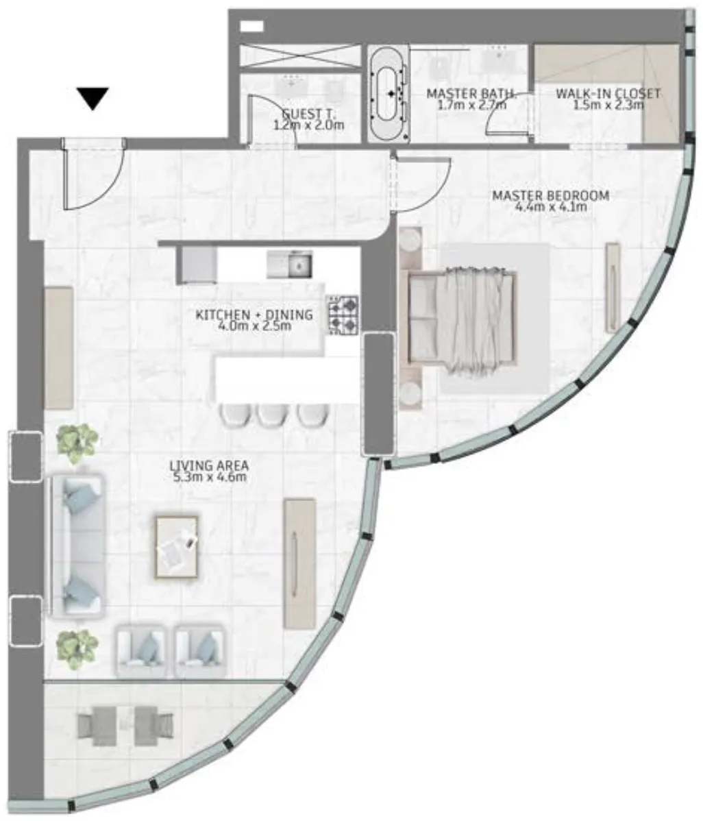 Al Habtoor Tower 1 bed floor plan, 1,156 sqft