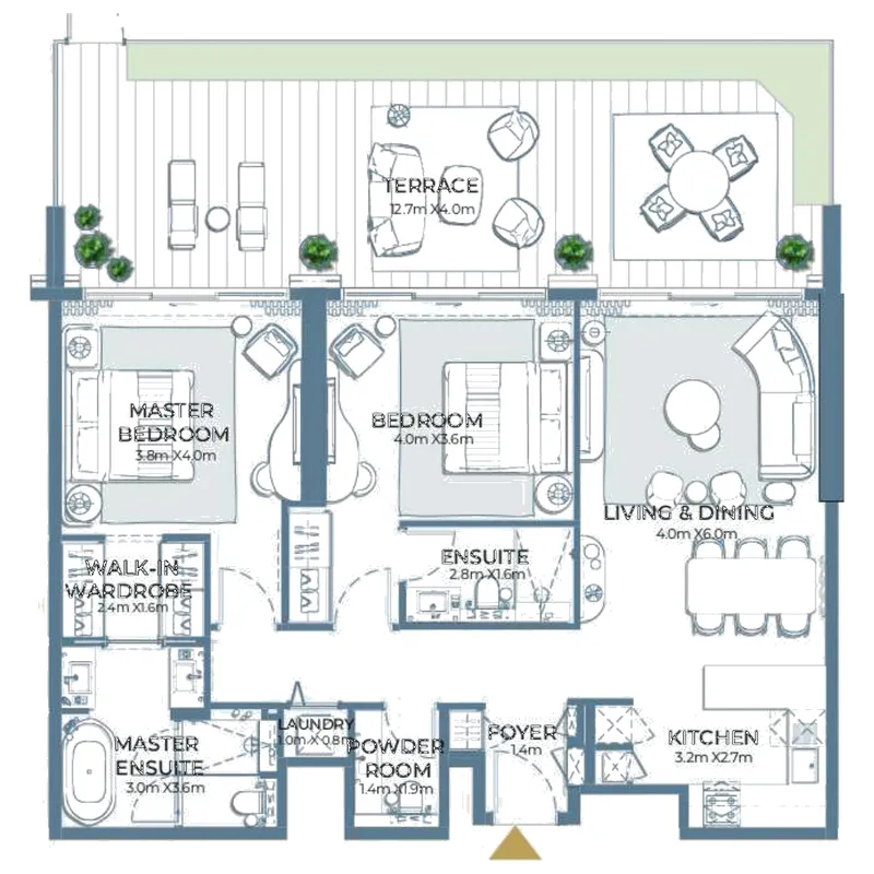 Fairmont Residences Al Marjan Island 2 bed floor plan, 1,708 – 1,728 sqft