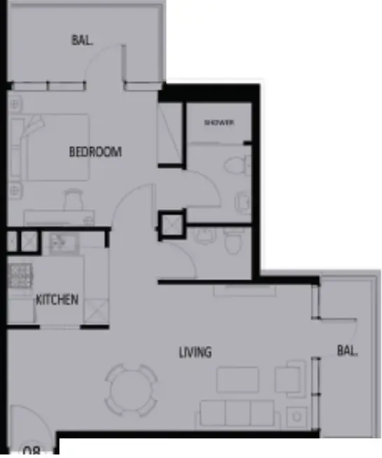 Elbrus 1 bed floor plan, 778 sqft