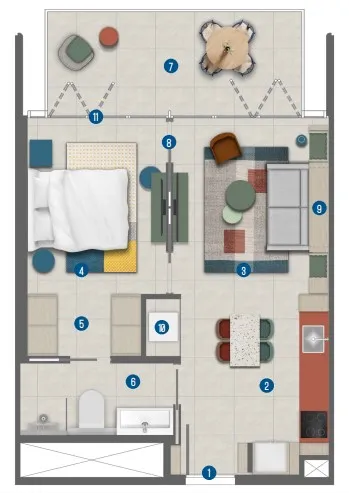 Rove Home Marasi Drive 1 bed floor plan, 626 – 642 sqft