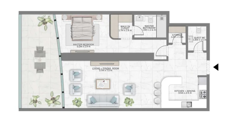 Al Habtoor Tower 1 bed floor plan, 1,144 sqft