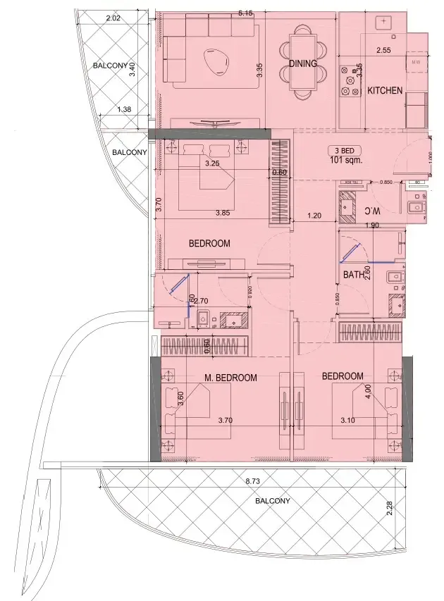 Project Maybach 3 bed floor plan, 1,372 sqft
