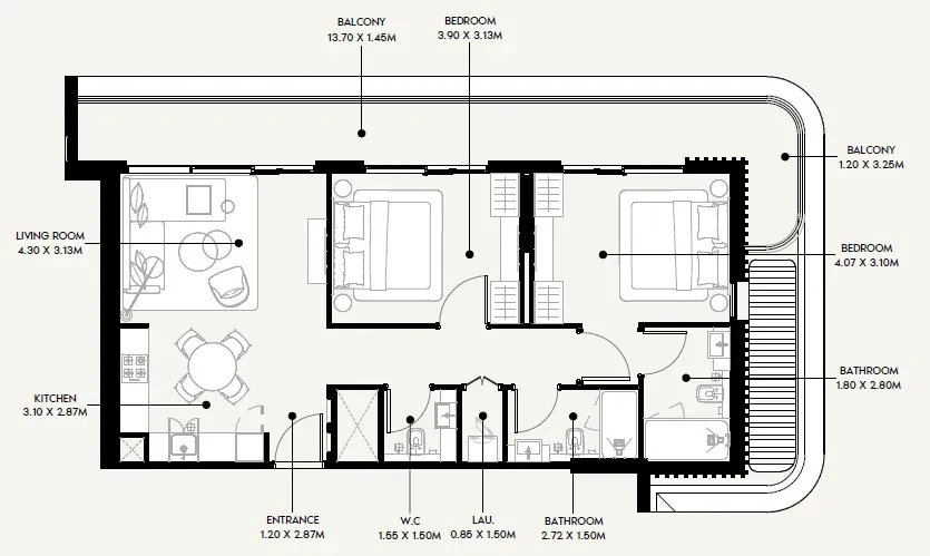 Azizi Sakandar 2 bed floor plan, 1,108 sqft