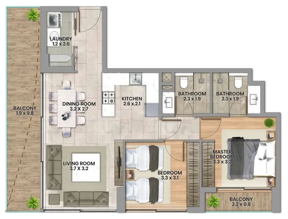 Elemental 22 2 bed floor plan, 1,036 sqft