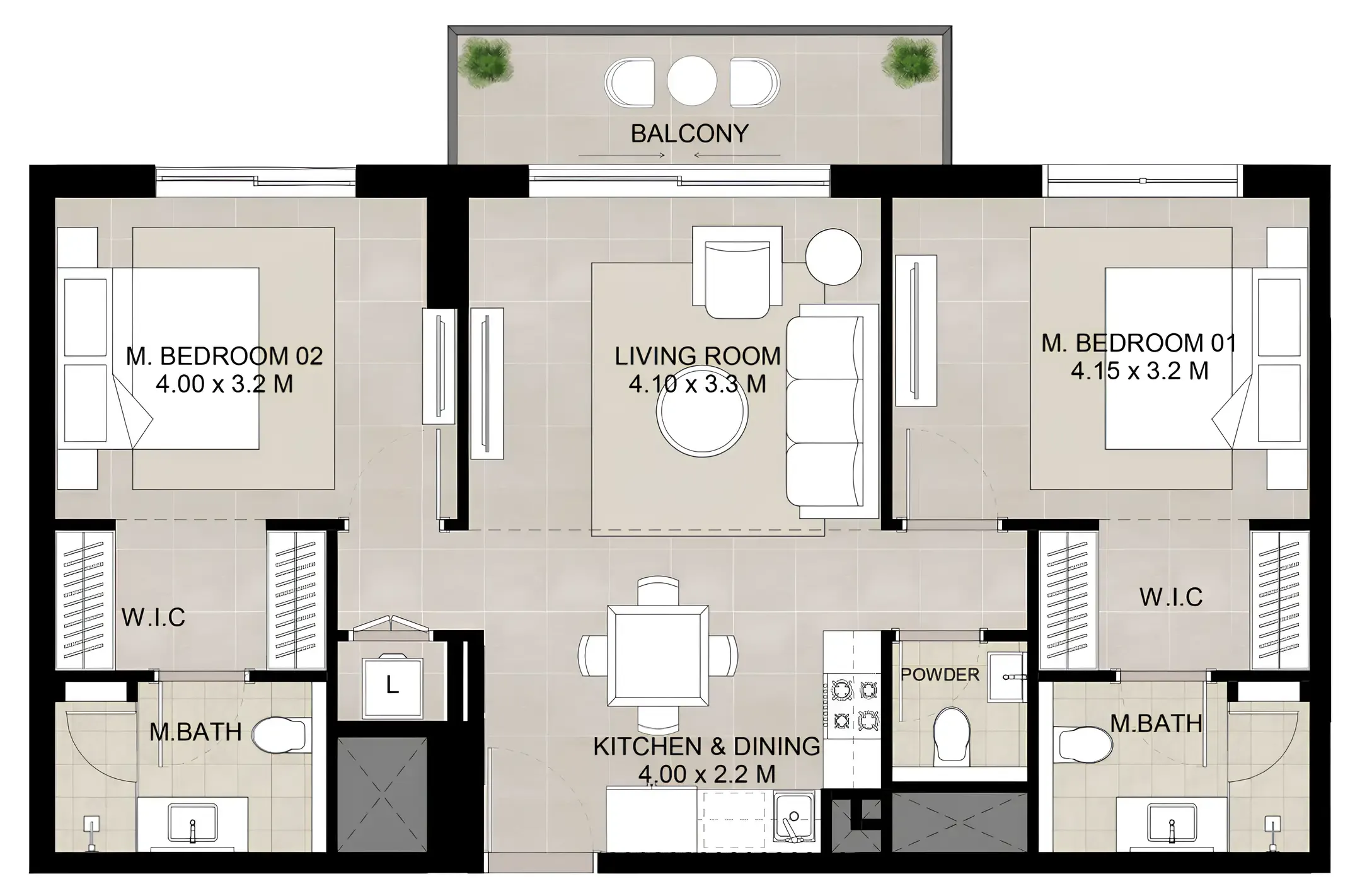 Augusta 2 bed floor plan, 977 sqft