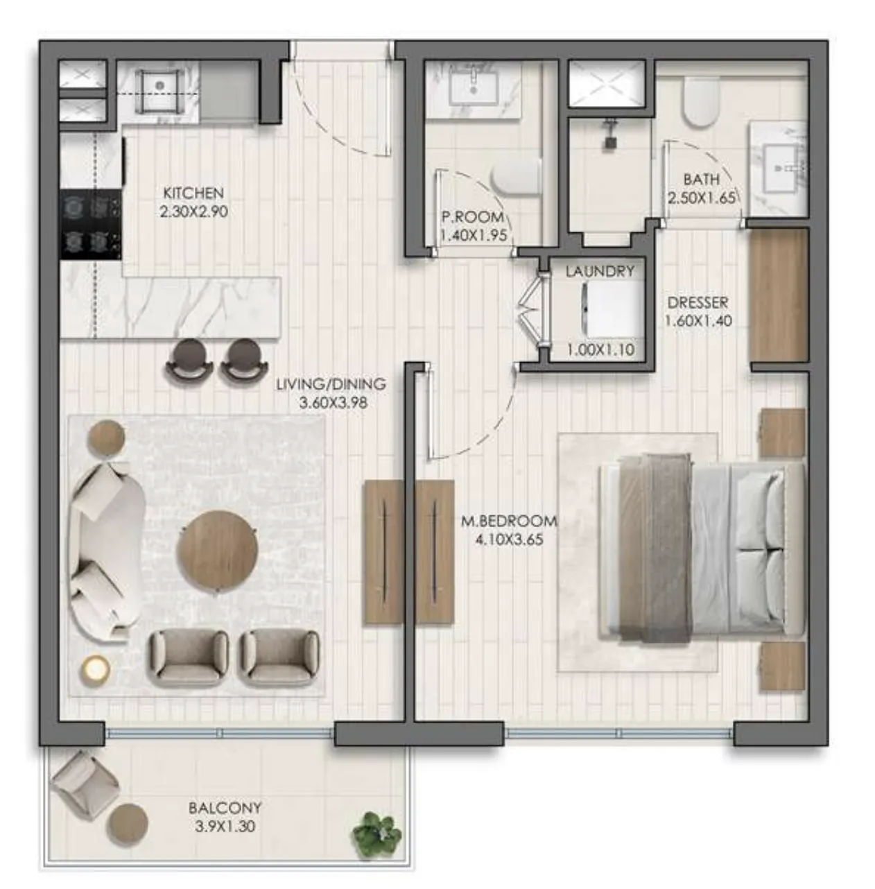 Belmont 1 bed floor plan, 655 – 656 sqft