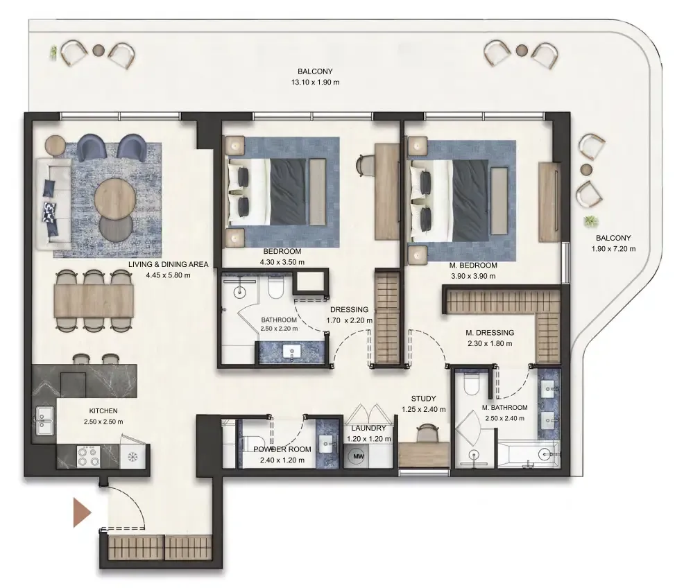 Seamont Autograph Collection Residences 2 bed floor plan, 1,596 sqft
