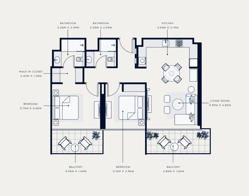 Azizi Venice 2 bed floor plan, 1,061 sqft