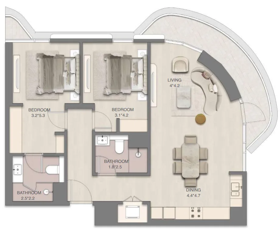 Mirasol Mina 2 bed floor plan, 1,085 – 1,421 sqft