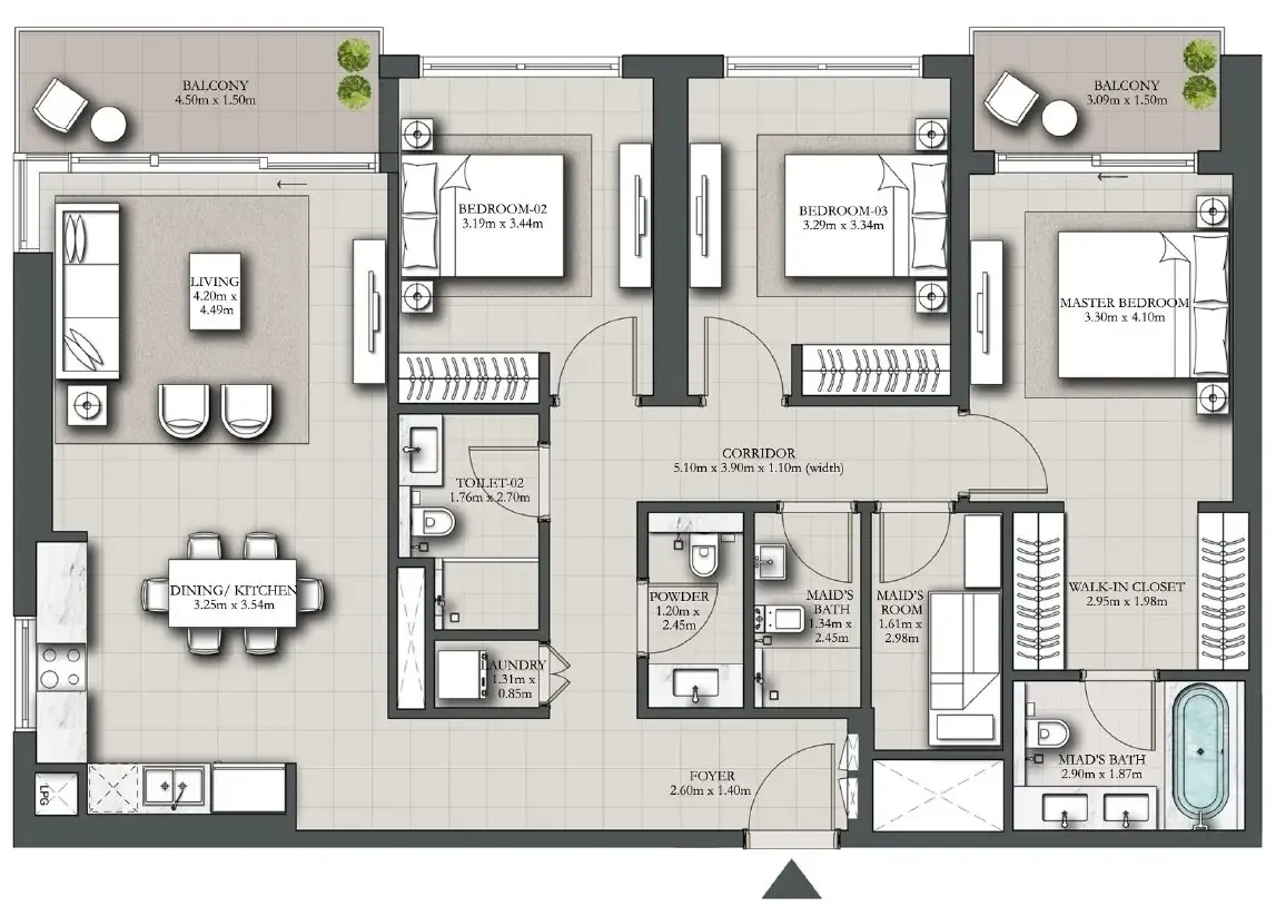 Marina Shores 3 bed floor plan, 1,596 sqft