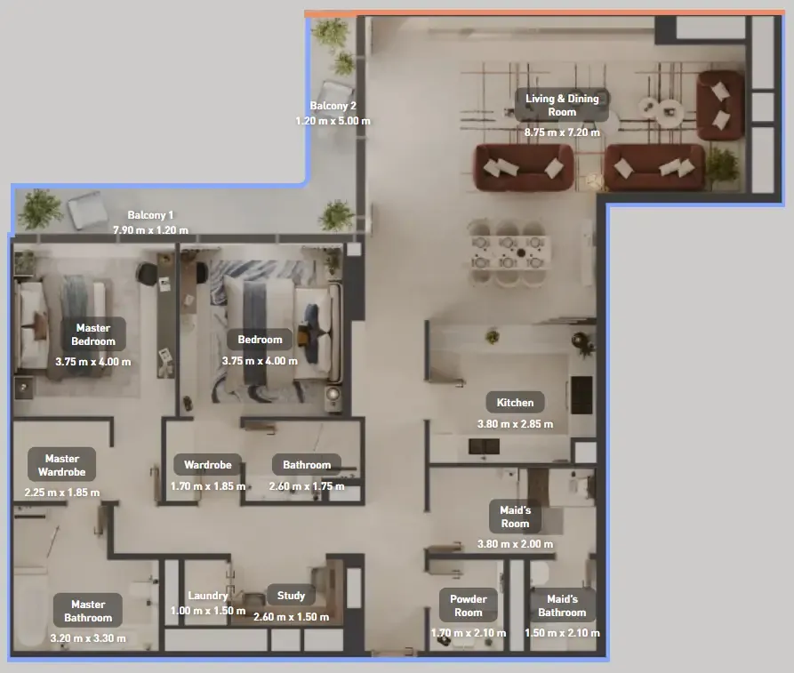 Luluat Marina at Luluat Al Raha 2 bed floor plan, 1,932 sqft