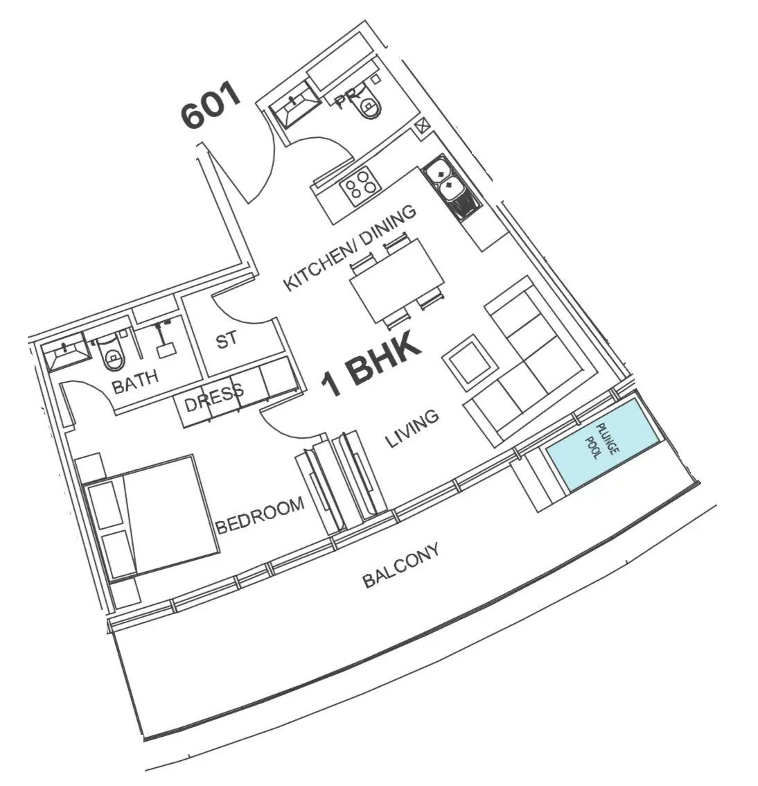 Villa Del Garda 1 bed floor plan, 832 sqft