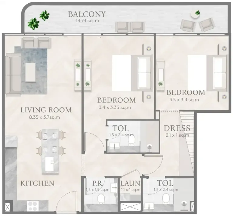 Casa Aura Residence 2 bed floor plan, 1,071 sqft