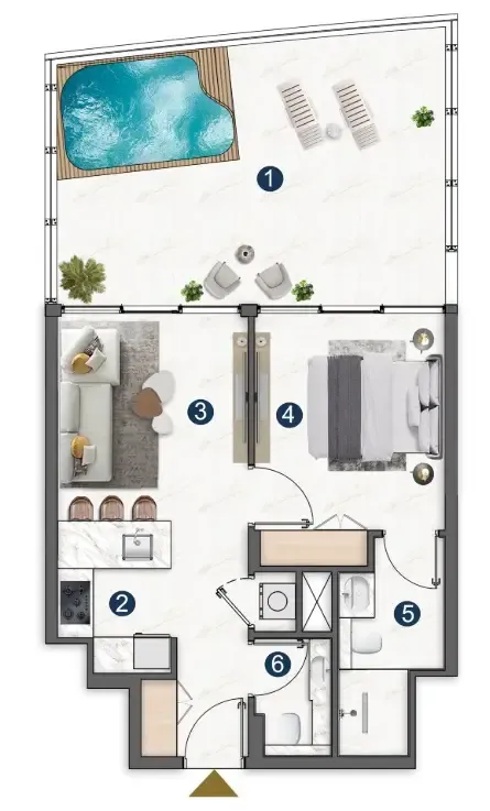 Voxa Pantheon 1 bed floor plan, 827 sqft