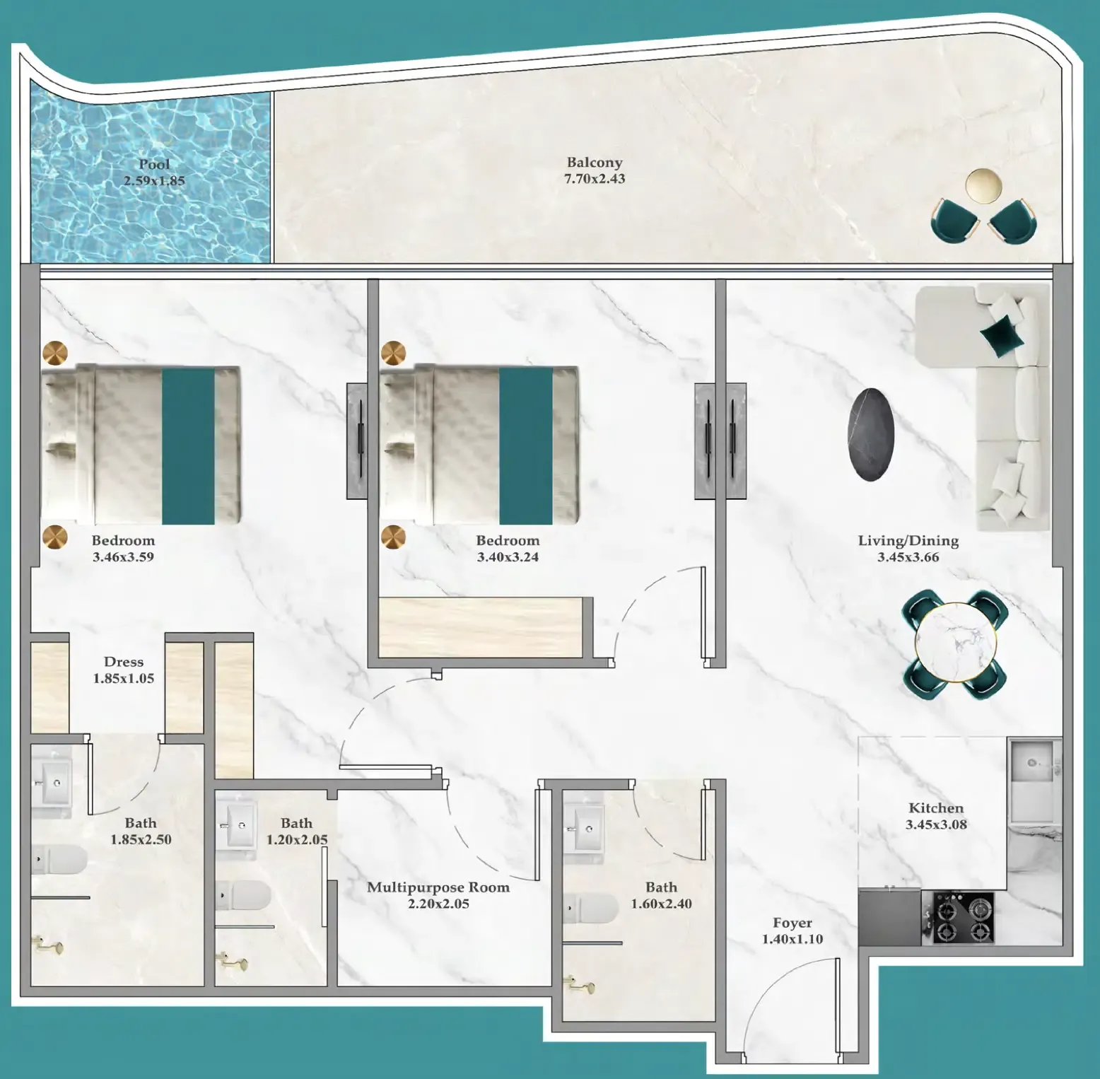 Breez 2 bed floor plan, 1,029 sqft