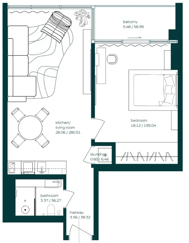 Vibe 1 bed floor plan, 691 sqft