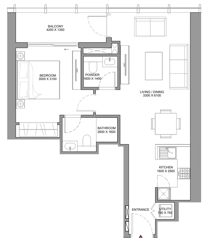 The Element at Sobha One 1 bed floor plan, 737 sqft
