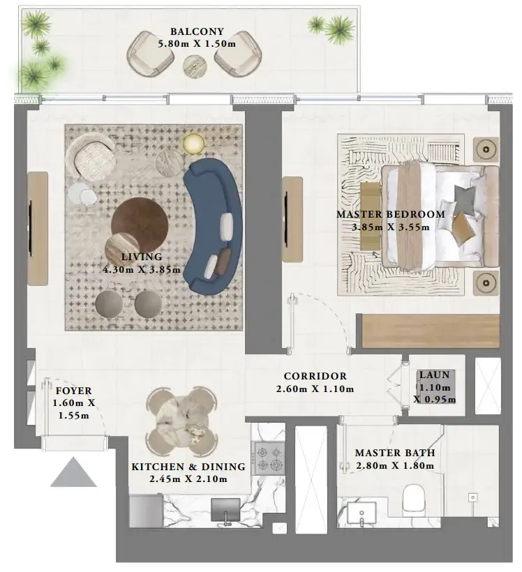 Albero 1 bed floor plan, 757 sqft