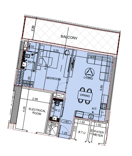 Binghatti Aquarise 1 bed floor plan, 876 sqft