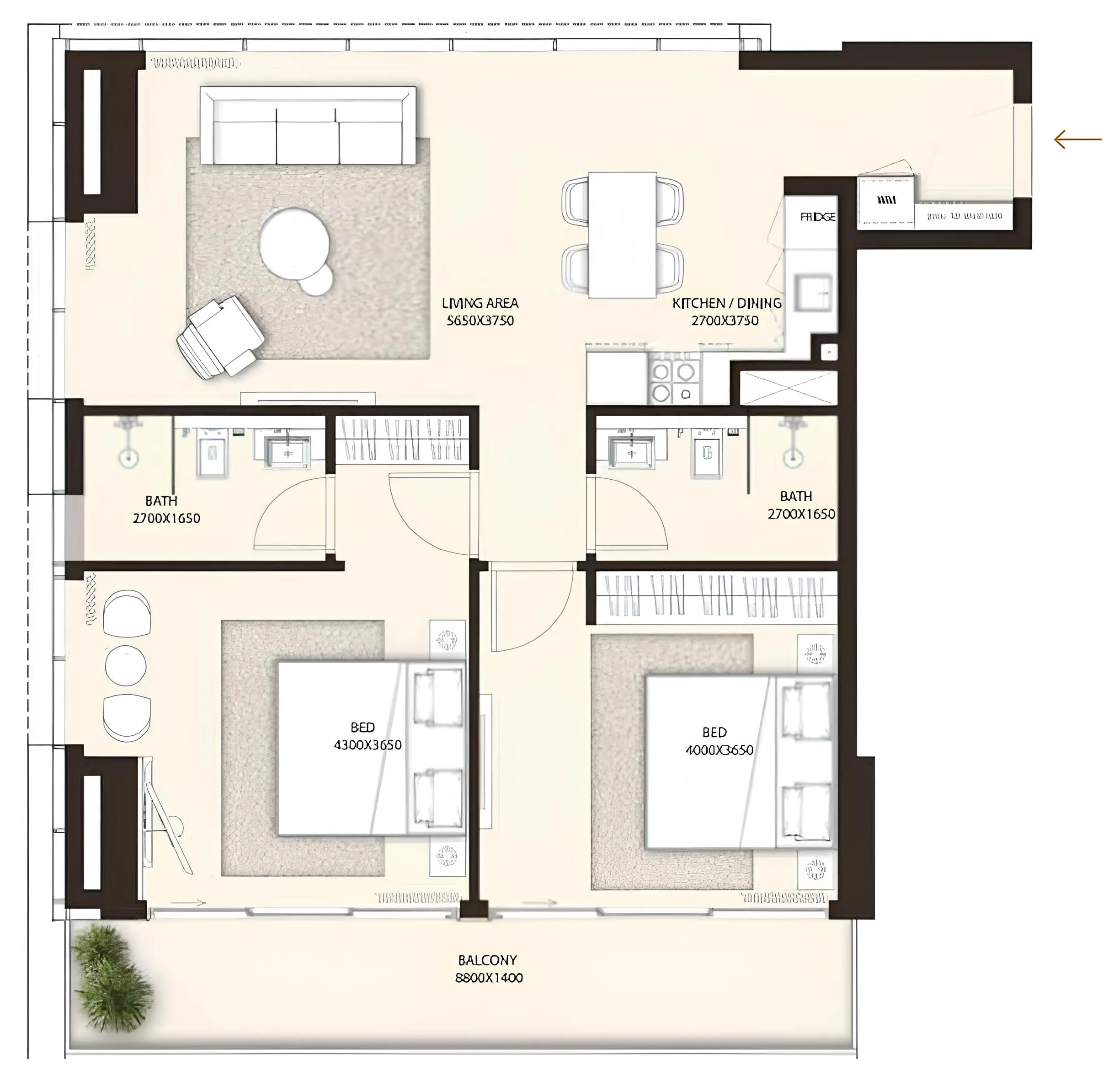 Condor Golf Links 18 2 bed floor plan, 1,100 sqft