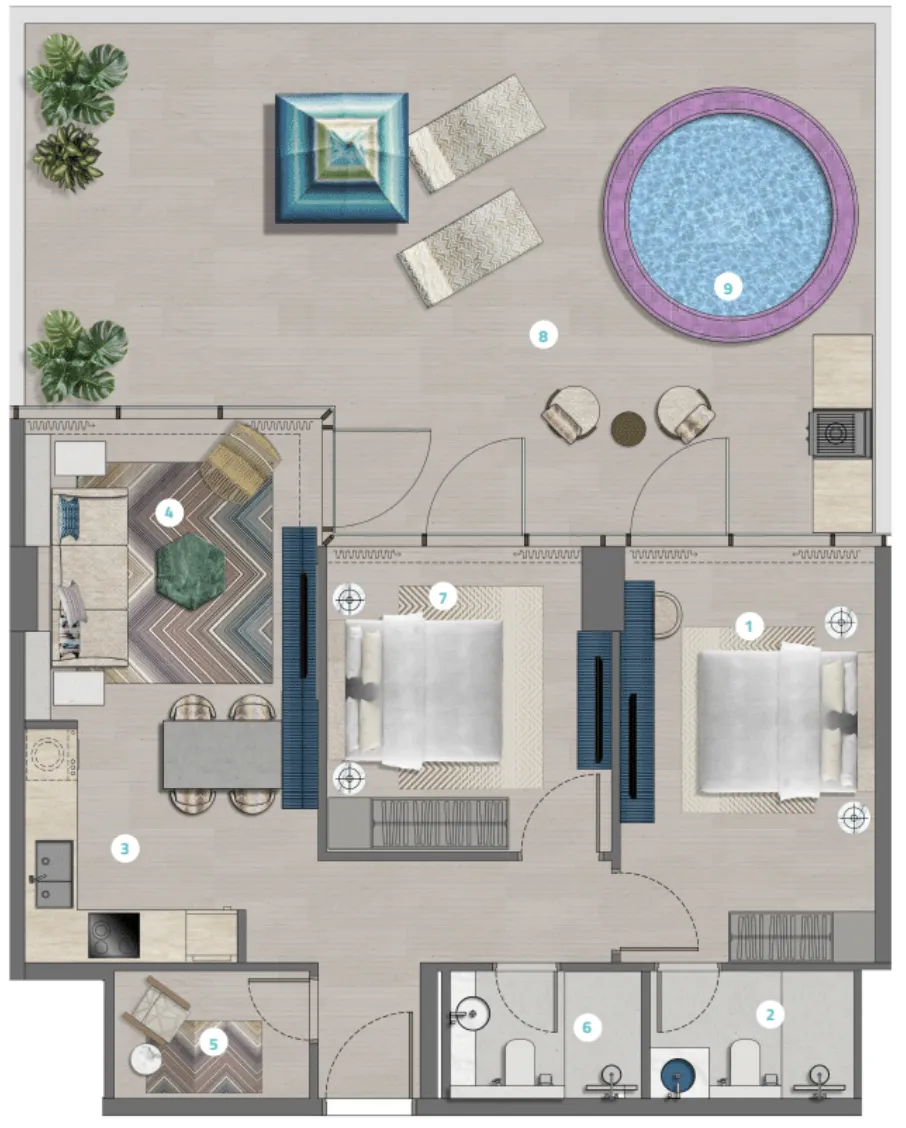 Trio Isle 2 bed floor plan, 1,321 – 1,366 sqft