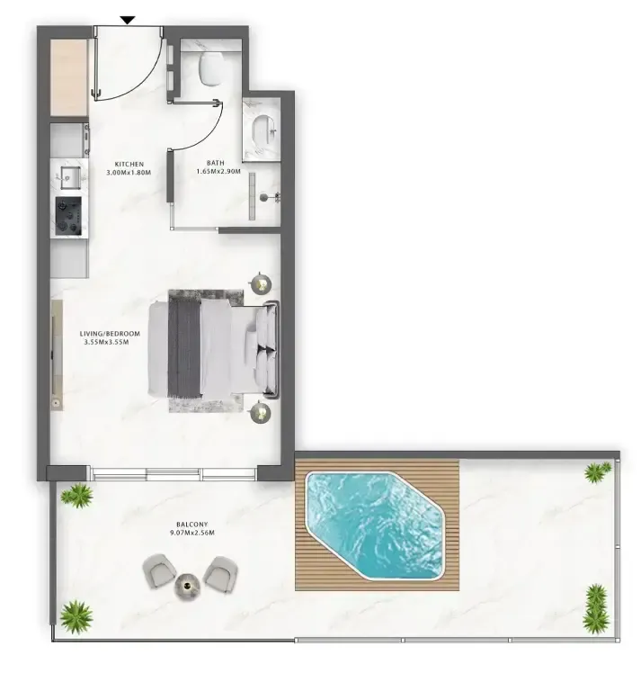One Central Studio floor plan, 345 sqft