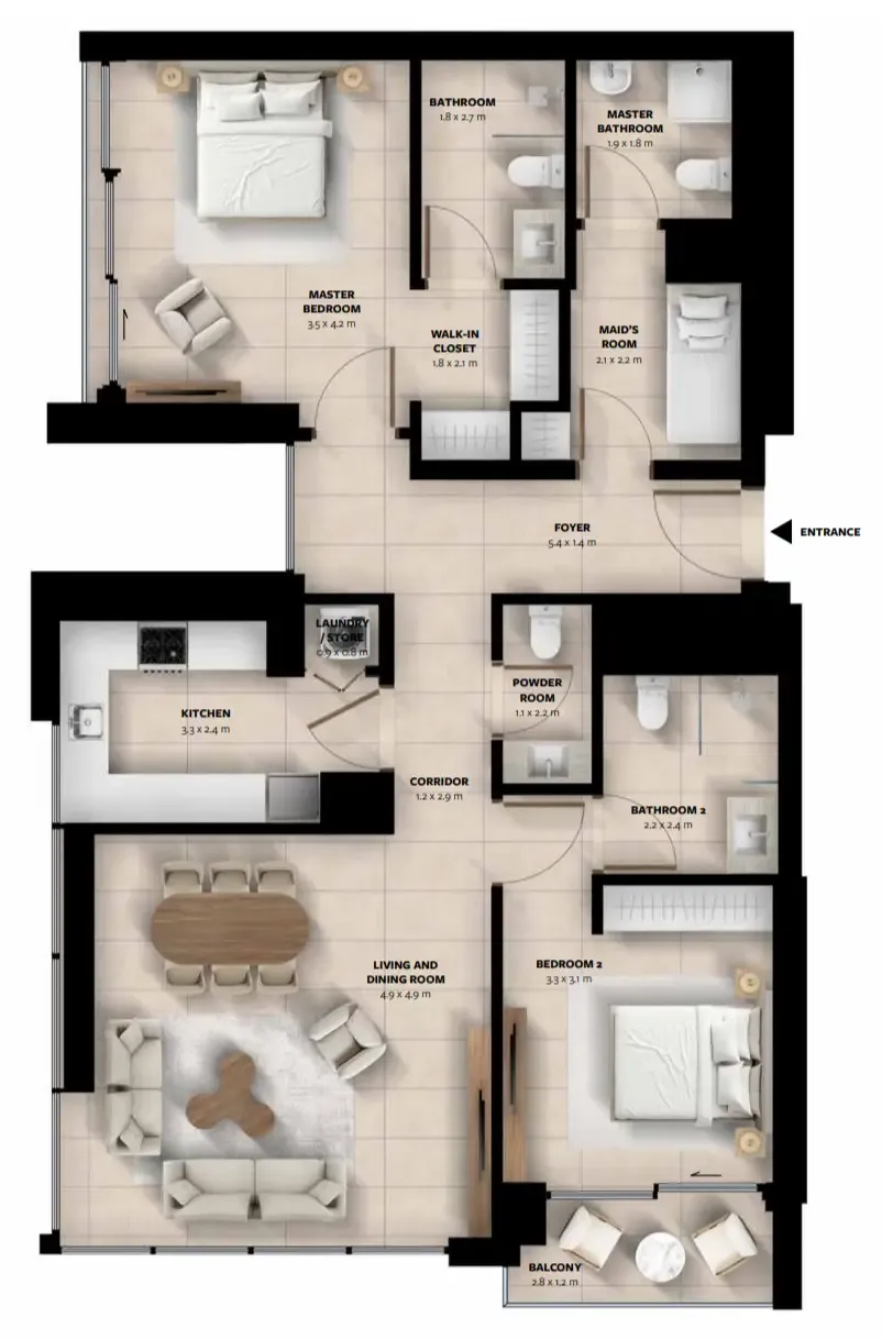 Waada Dubai South 2 bed floor plan, 1,281 sqft