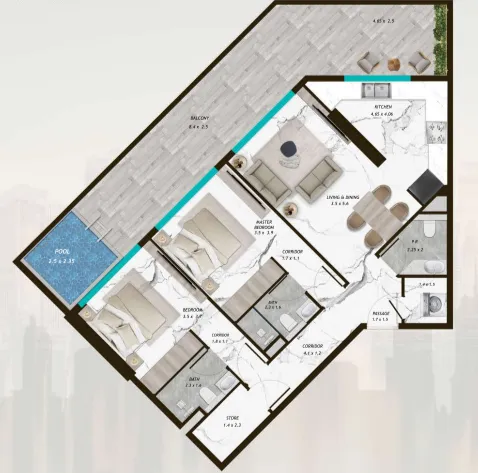 Samana Parkville 2 bed floor plan, 1,464 sqft