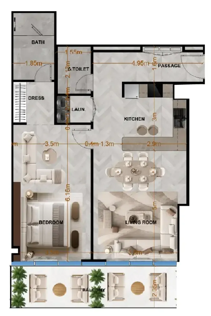 Radiant Terrace 1 bed floor plan, 1,007 sqft