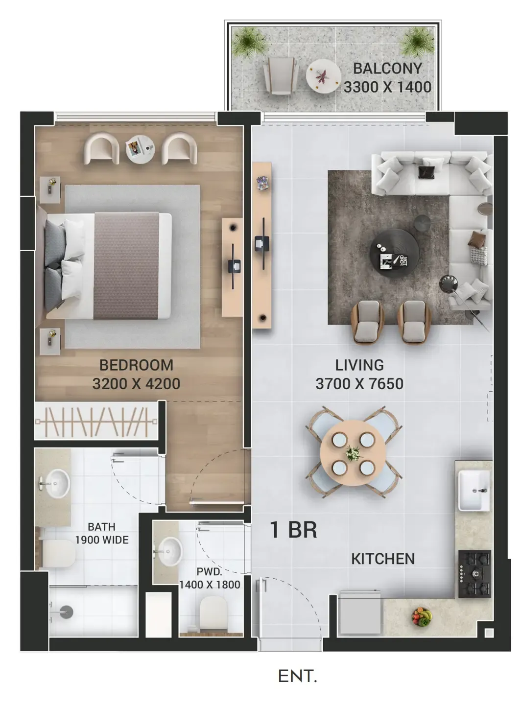Empire Jebel Ali 1 bed floor plan, 686 – 689 sqft