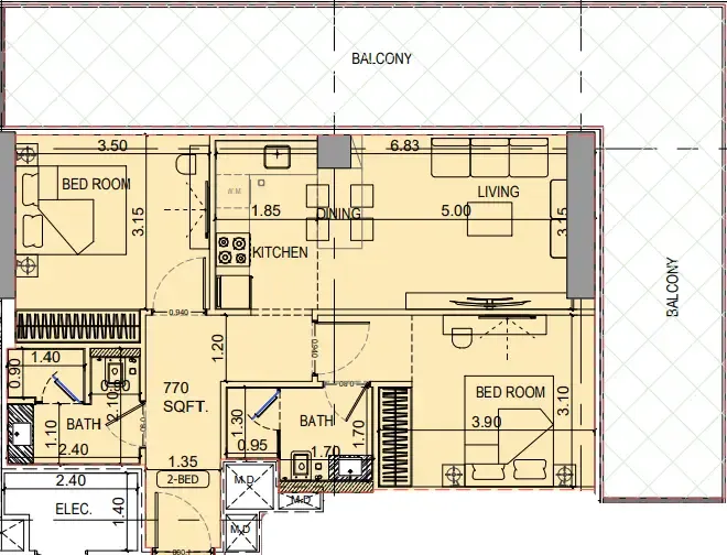 Binghatti Vintage 2 bed floor plan, 1,250 sqft