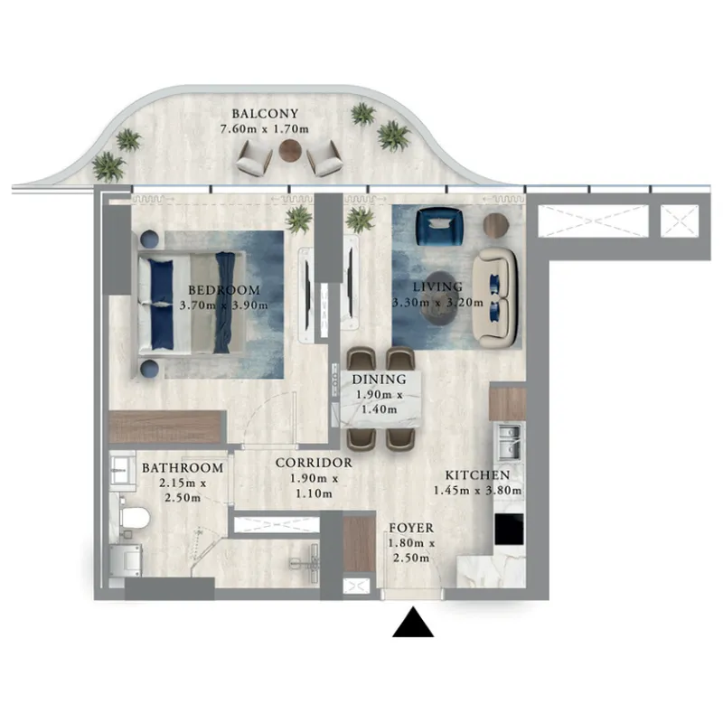 Royal Yacht Club Residence 1 bed floor plan, 711 sqft