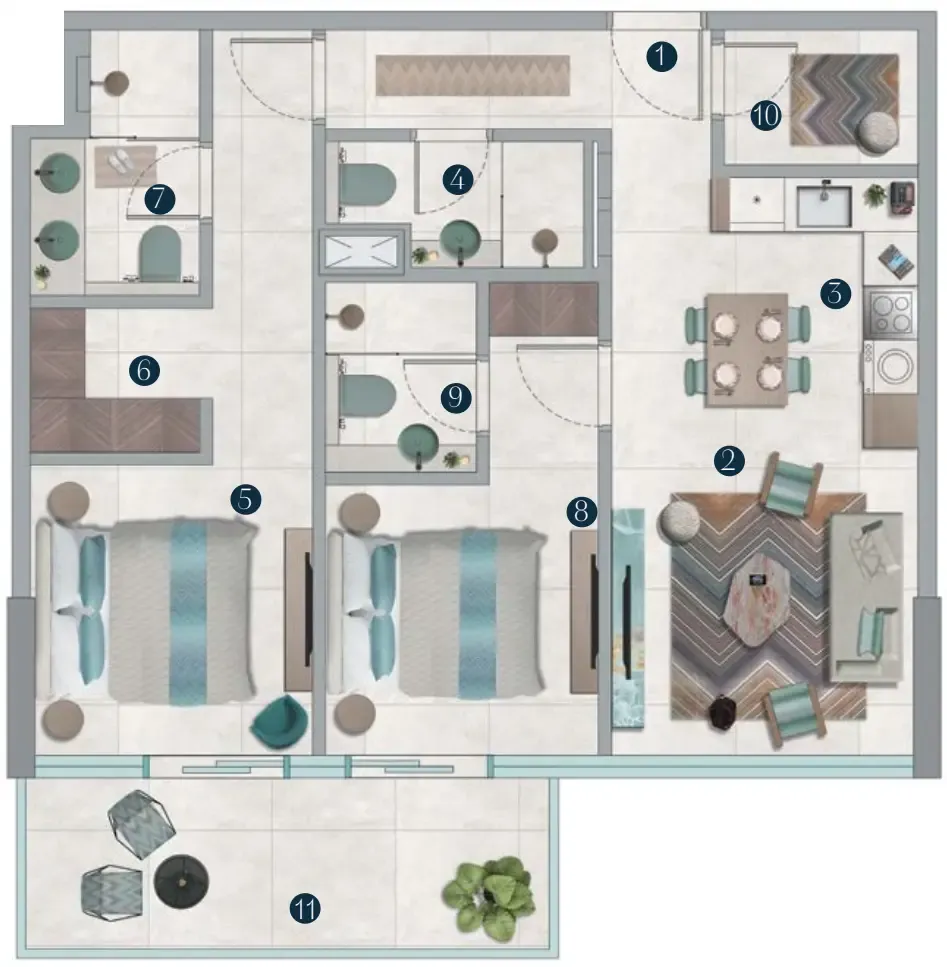 Octa Isle Interiors by Missoni 2 bed floor plan, 1,026 sqft