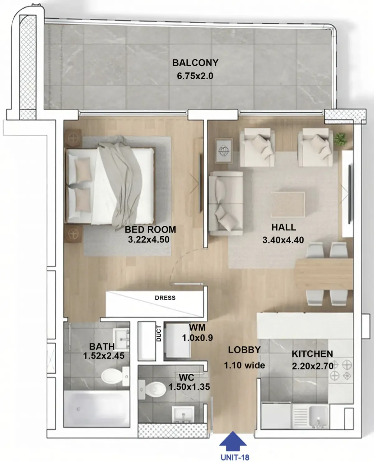 RR Residence 1 bed floor plan, 711 sqft