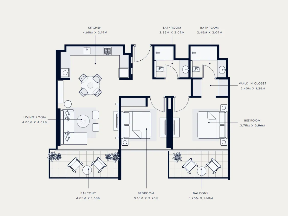 Azizi Venice 2 bed floor plan, 1,062 sqft