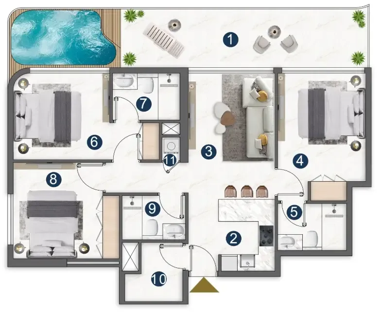 Voxa Pantheon 3 bed floor plan, 1,293 – 1,294 sqft