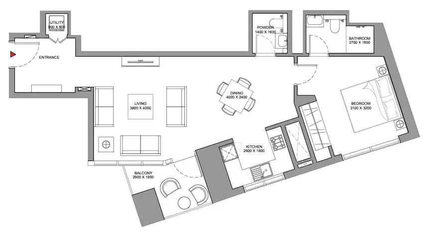 Skyscape 1 bed floor plan, 846 sqft