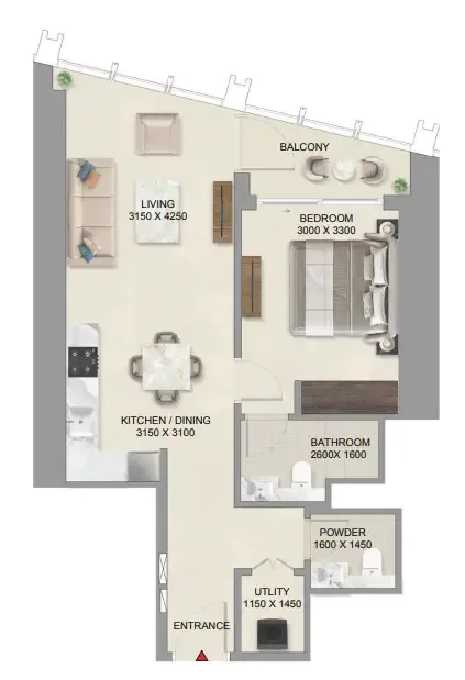 The Mirage at Sobha Central 1 bed floor plan, 694 – 698 sqft