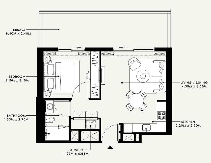 Beach Oasis 1 and 2 1 bed floor plan, 775 sqft