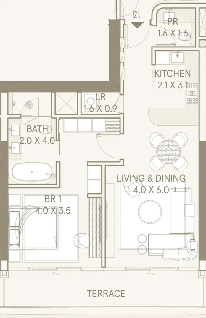 Saas Hills 1 bed floor plan, 923 – 1,047 sqft