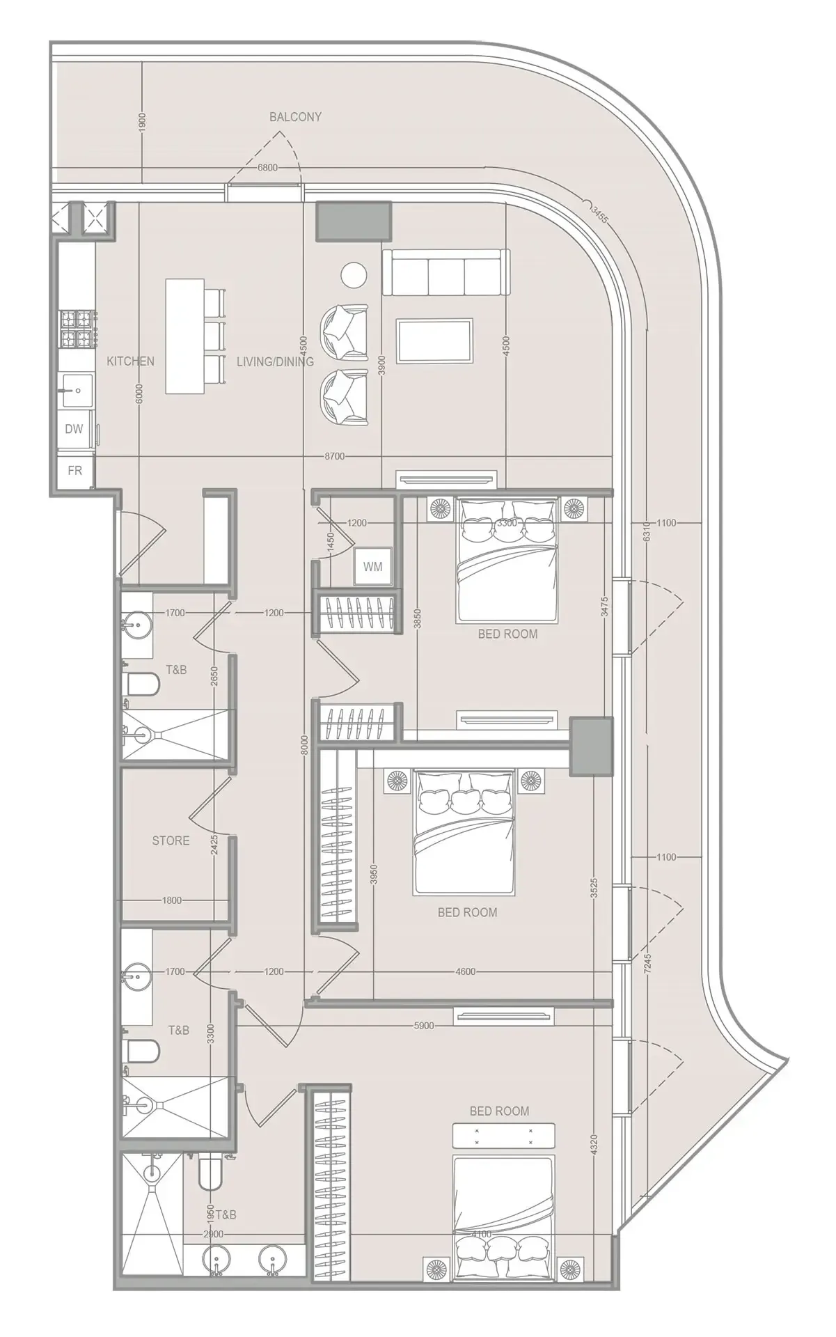 A1LA Residence 3 bed floor plan, 1,919 sqft