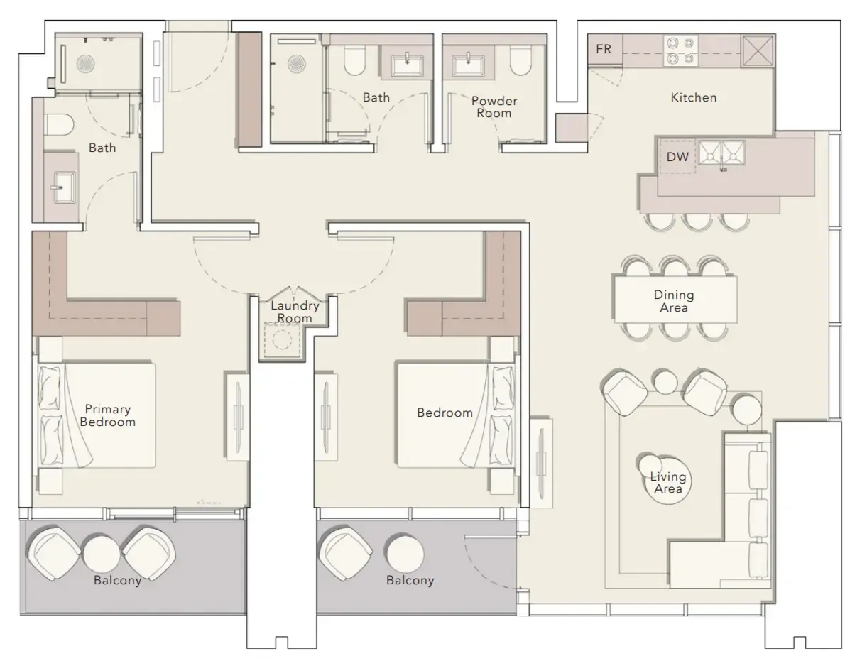 One River Point 2 bed floor plan, 1,462 sqft