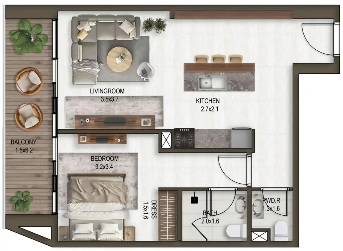 Noore 1 bed floor plan, 769 sqft