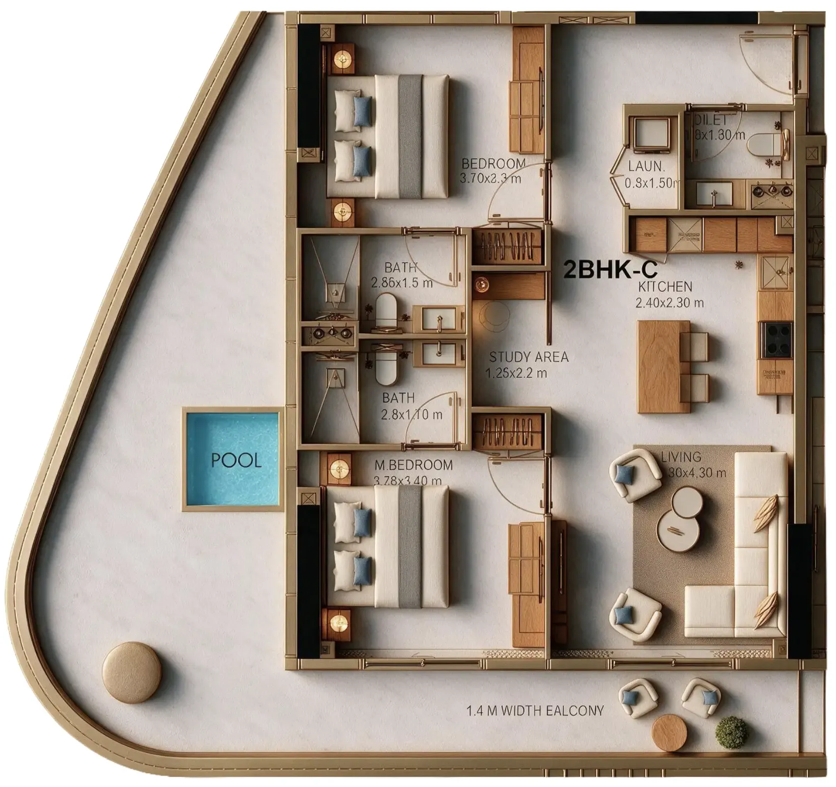 Golf Place 2 bed floor plan, 1,452 sqft
